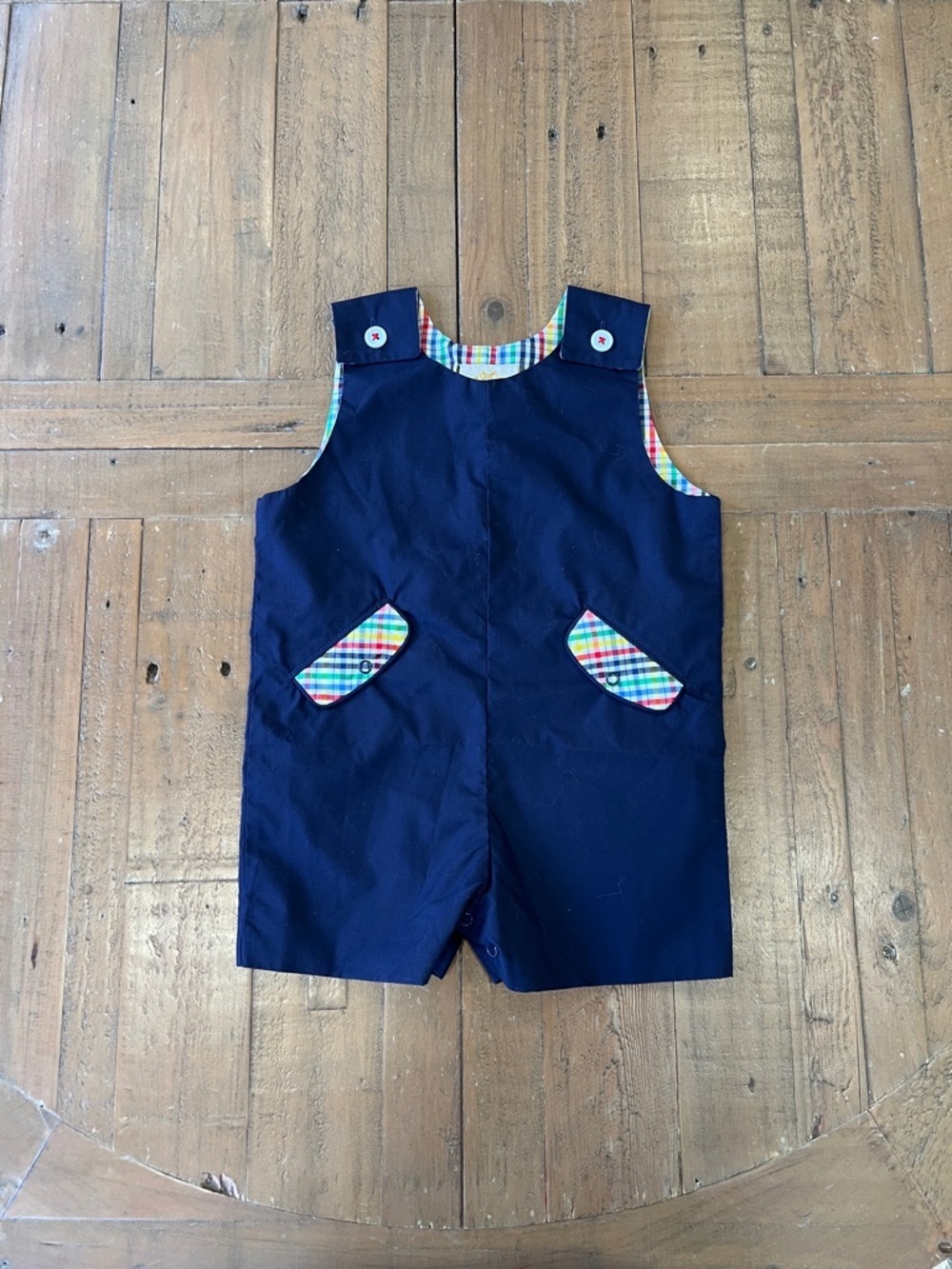 The Beaufort bonnet company navy rainbow plaid Jon Jon shortalls 18-24 months